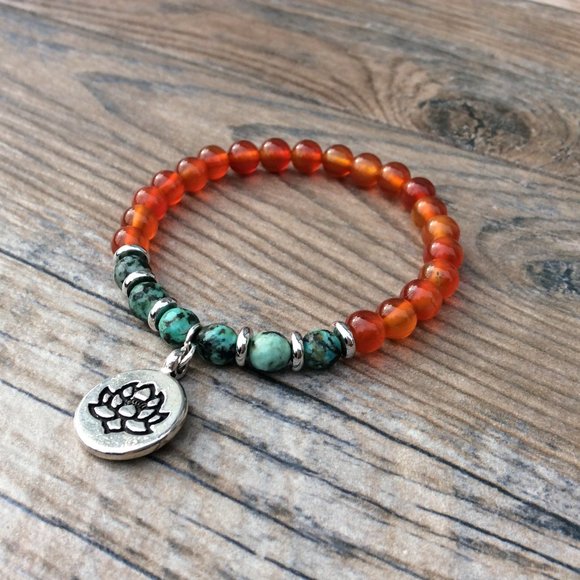Carnelian bracelet with Lotus charm, African Turquoise, sacral chakra, healing - Picture 3 of 8